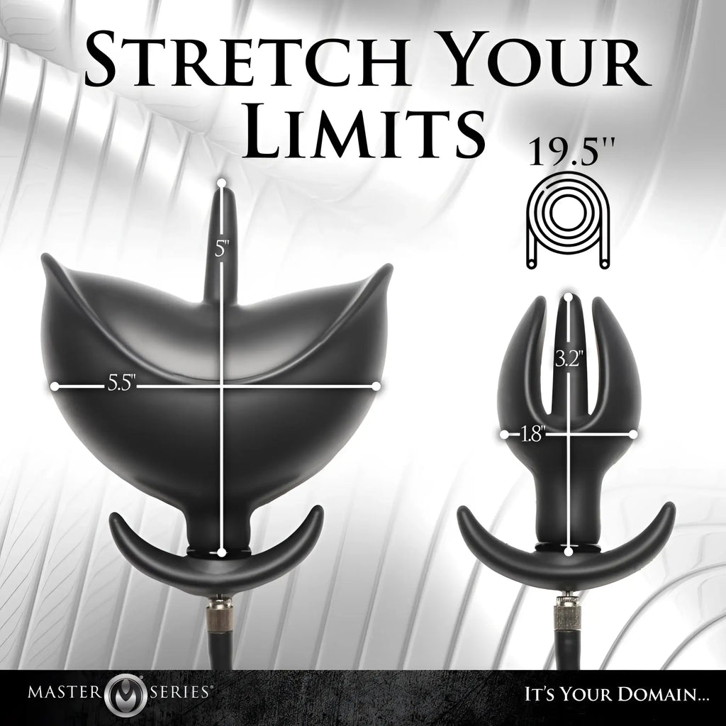 Master Series black silicone inflatable anchor anal plug, shown in deflated and inflated states with dimension labels.
