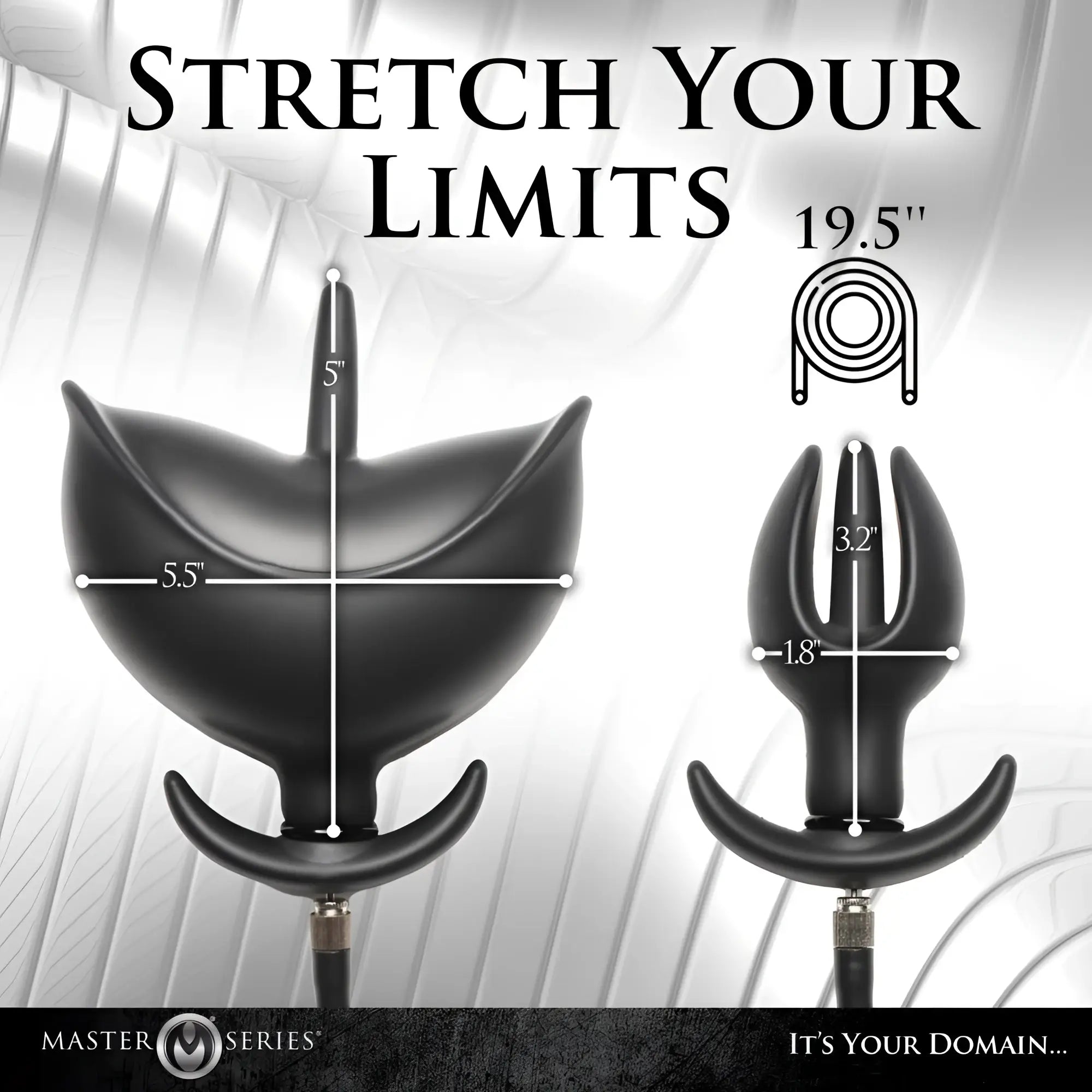 Master Series black silicone inflatable anchor anal plug, shown in deflated and inflated states with dimension labels.