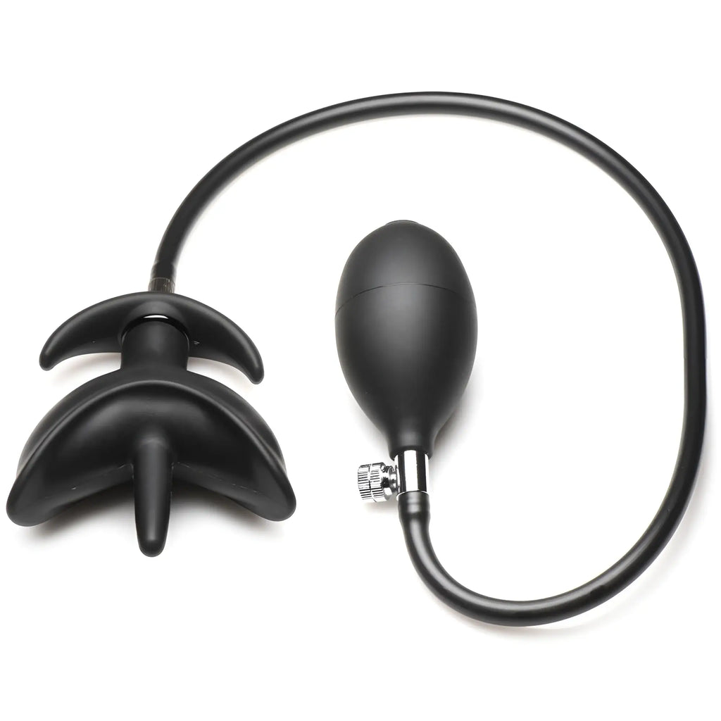 Master Series Ass Bound Anchor: black silicone inflatable anal plug with a hand pump and valve on a curved tube.