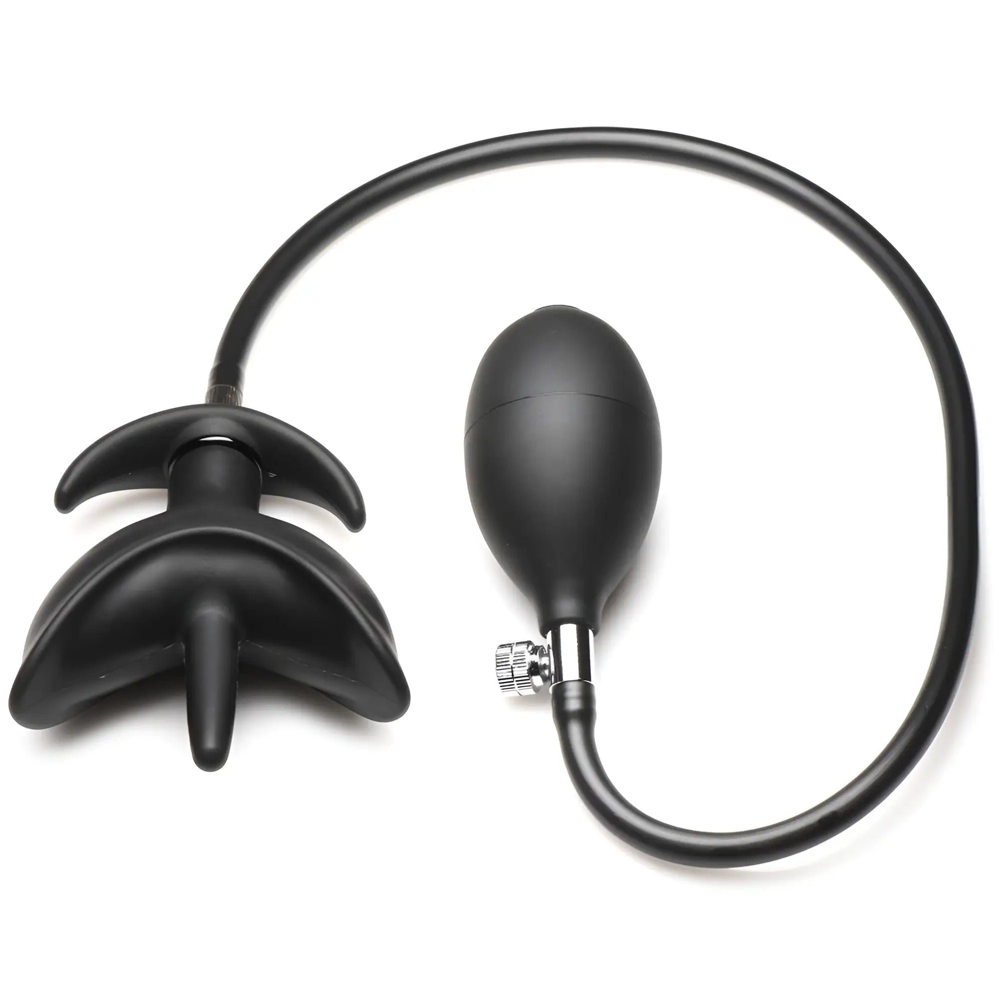 Master Series Ass Bound Anchor: black silicone inflatable anal plug with a hand pump and valve on a curved tube.