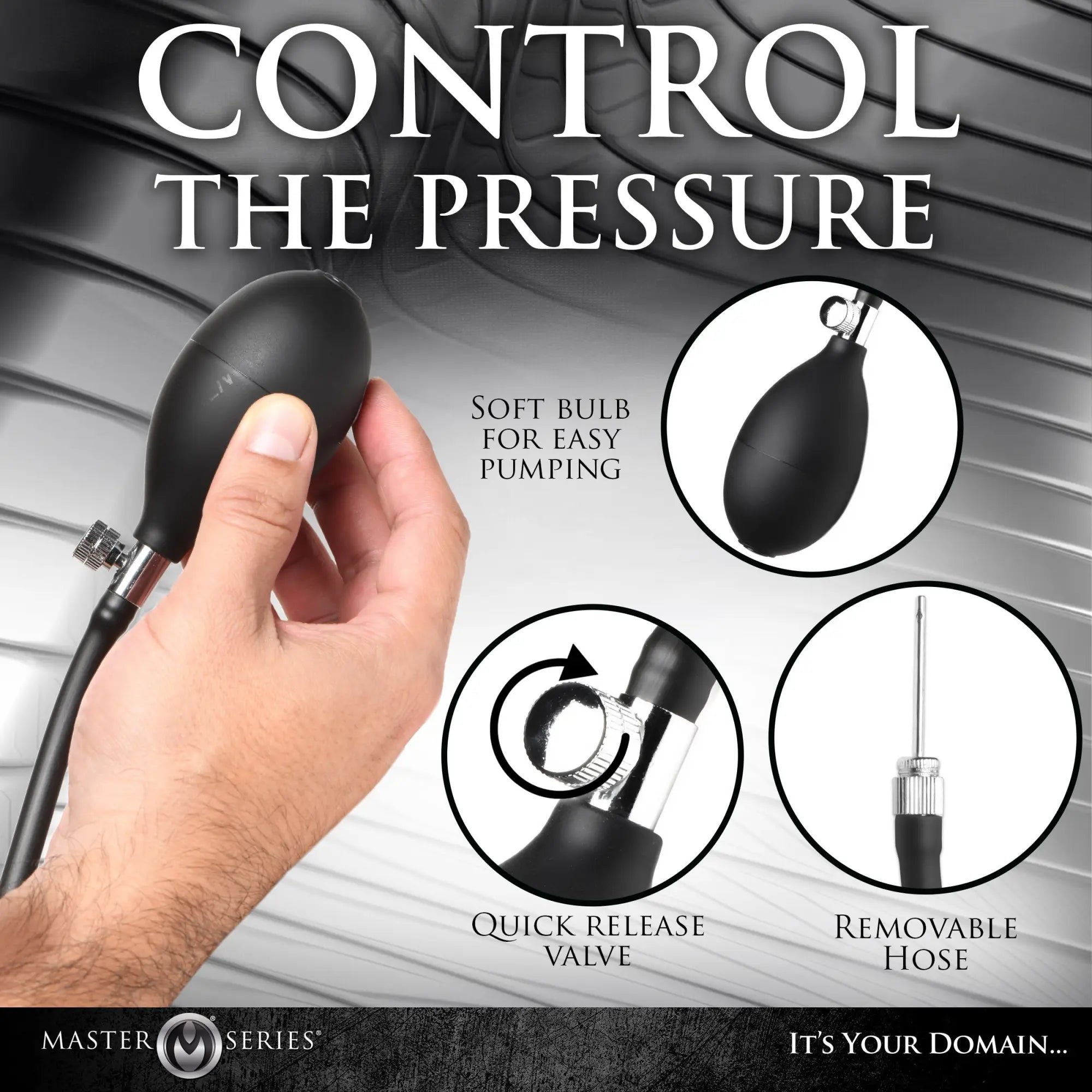Master Series Ass Bound Anchor inflatable silicone plug, featuring a black hand pump with a quick-release valve.
