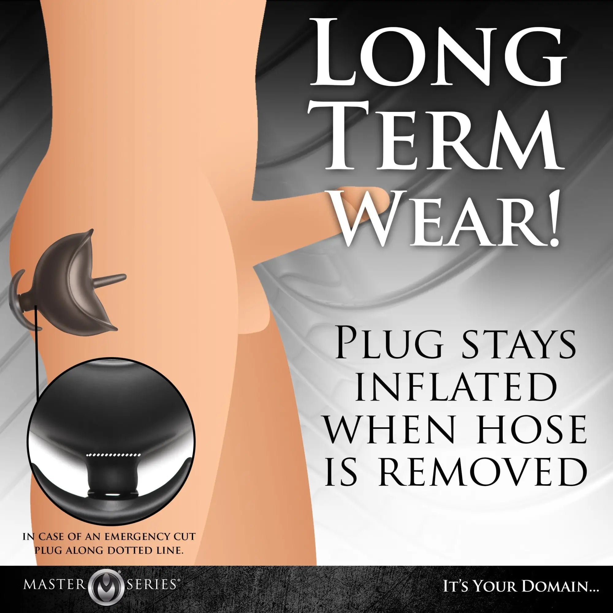Master Series black silicone inflatable anchor anal plug shown in a diagram illustrating long-term wear and safety.