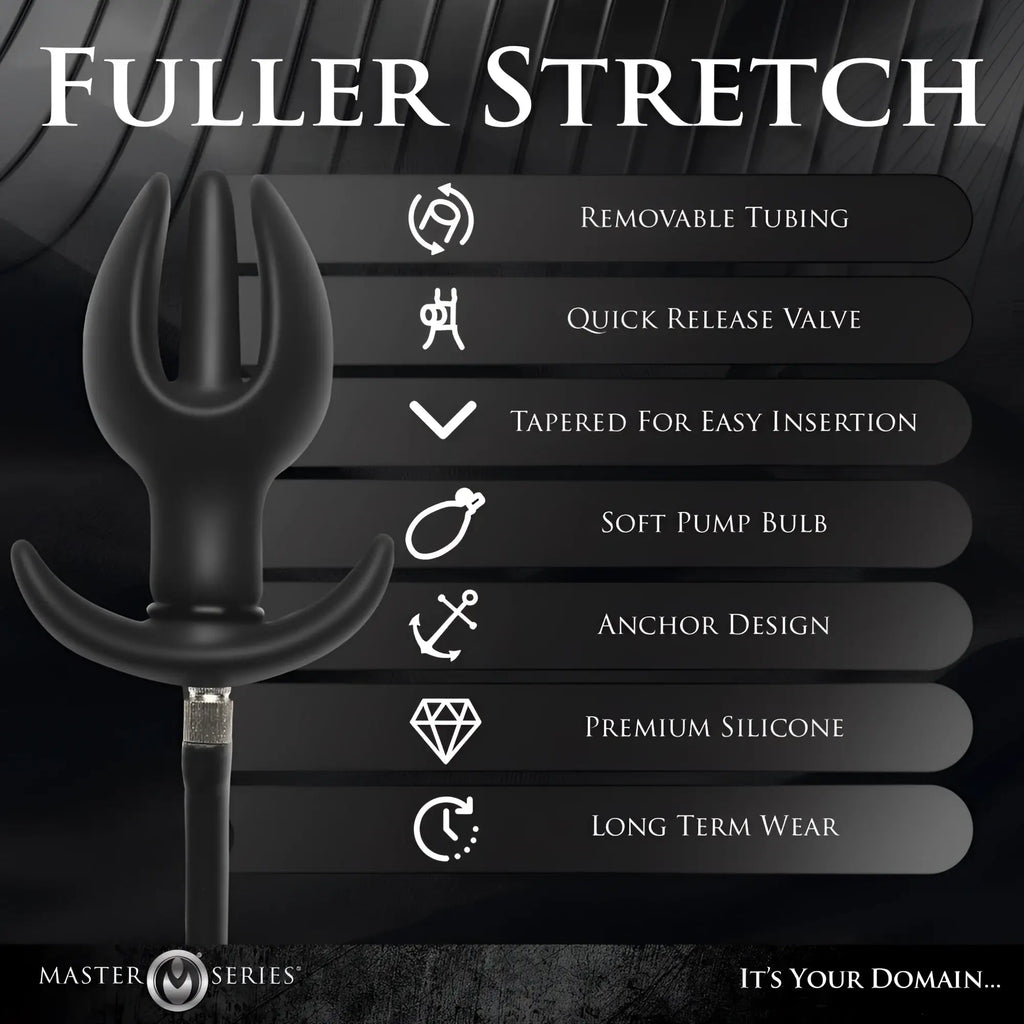 Black Master Series inflatable silicone anchor anal plug with feature list icons on a dark background.