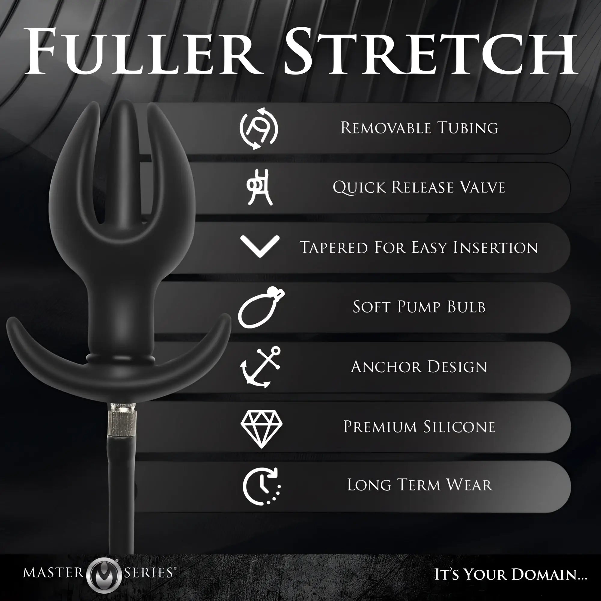 Black Master Series inflatable silicone anchor anal plug with feature list icons on a dark background.