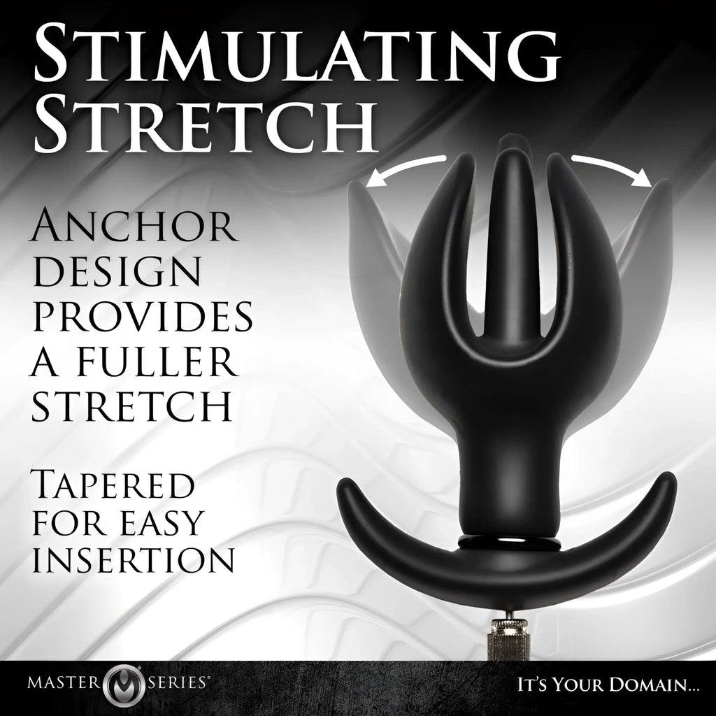 Black Master Series Ass Bound anchor-style silicone anal plug with a tapered, expandable design.