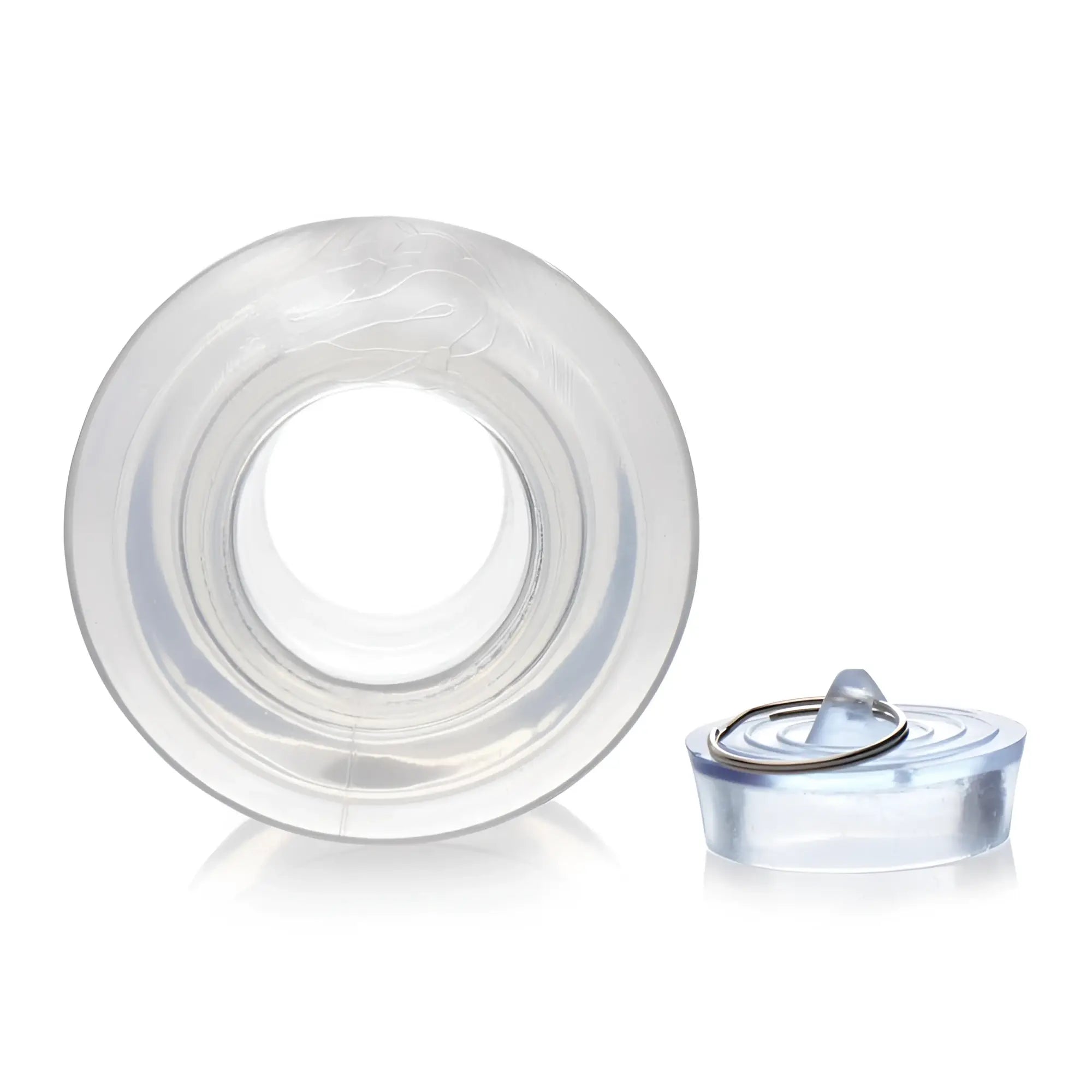 Master Series Ass Bung: clear, hollow cylindrical anal dilator with a matching clear silicone stopper and metal ring.