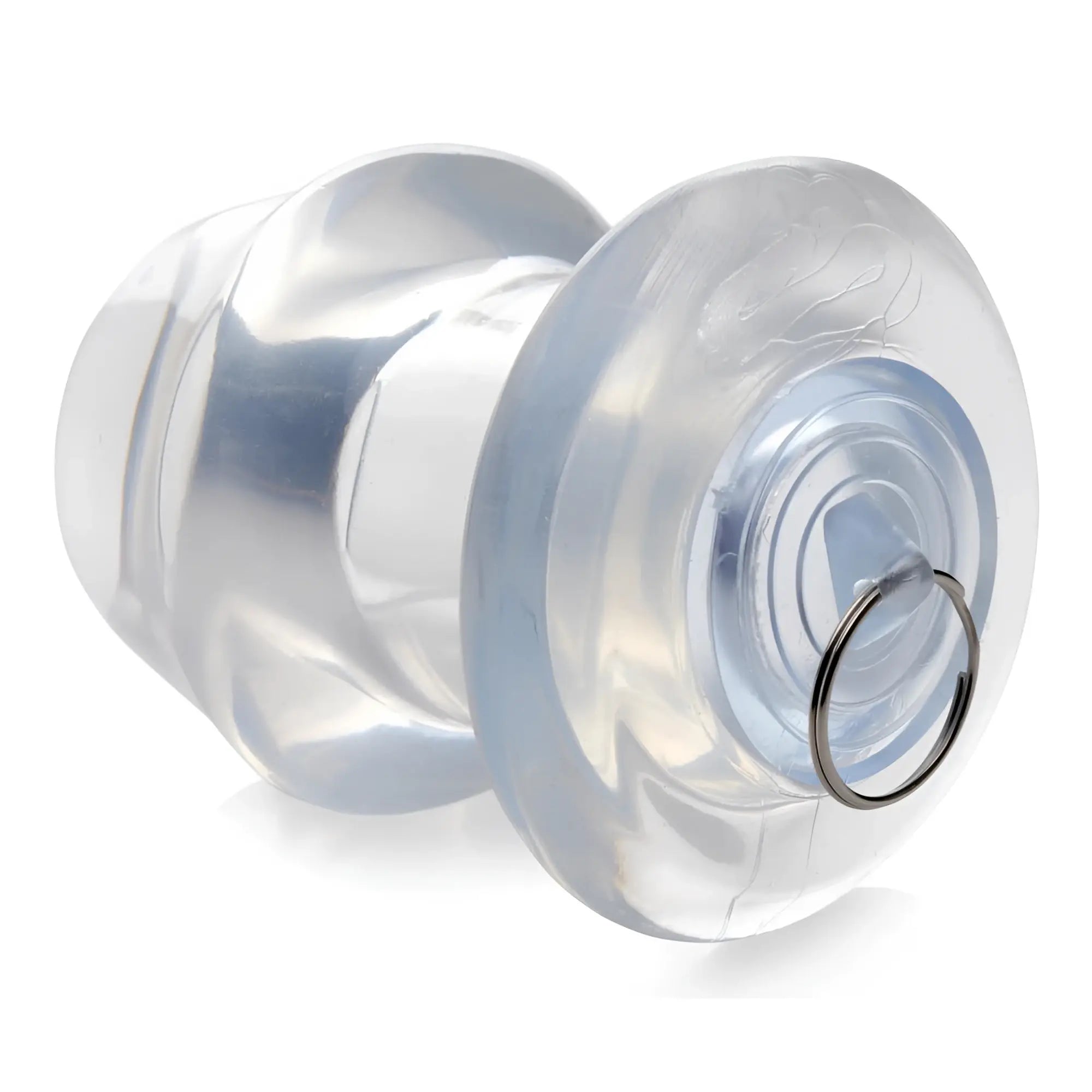 Master Series Ass Bung: A clear, hollow silicone anal dilator featuring a flared base and a small metal pull ring.