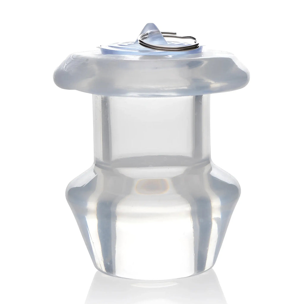 Master Series clear hollow silicone anal dilator with a wide base and a small metal pull ring on top.