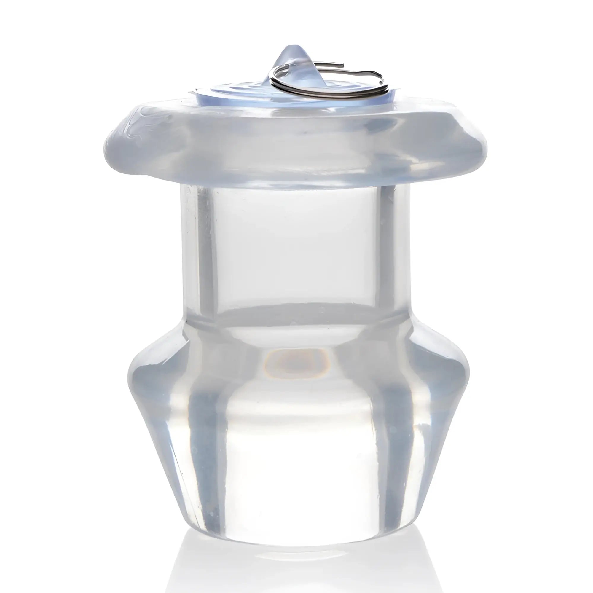 Master Series clear hollow silicone anal dilator with a wide base and a small metal pull ring on top.