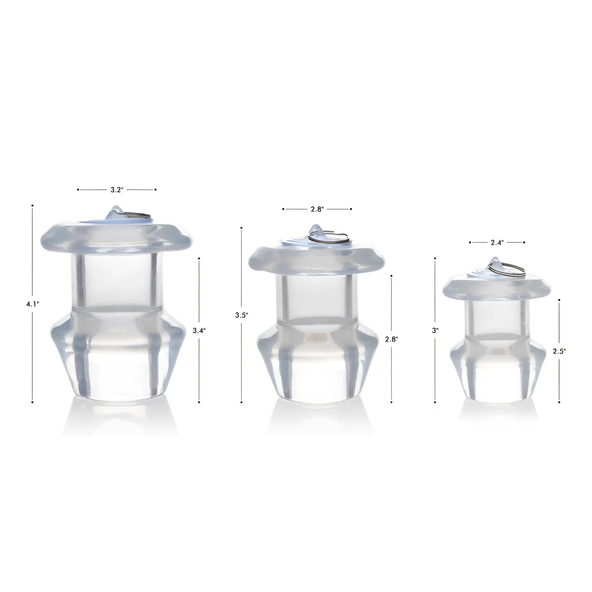 Three clear, hollow silicone Master Series anal dilator plugs of varying sizes with dimension labels.