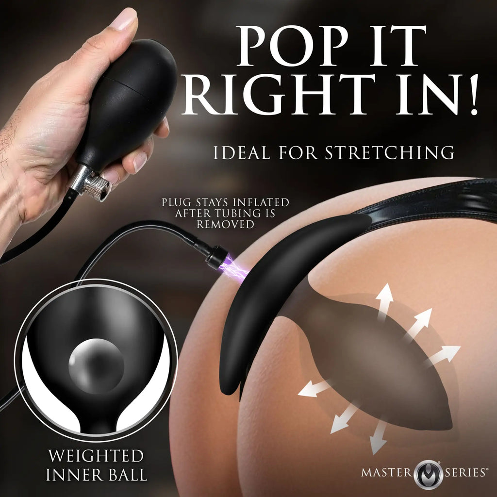 Master Series black magnetic inflatable anal plug, shown with hand pump, detail inset, and stretching arrows.