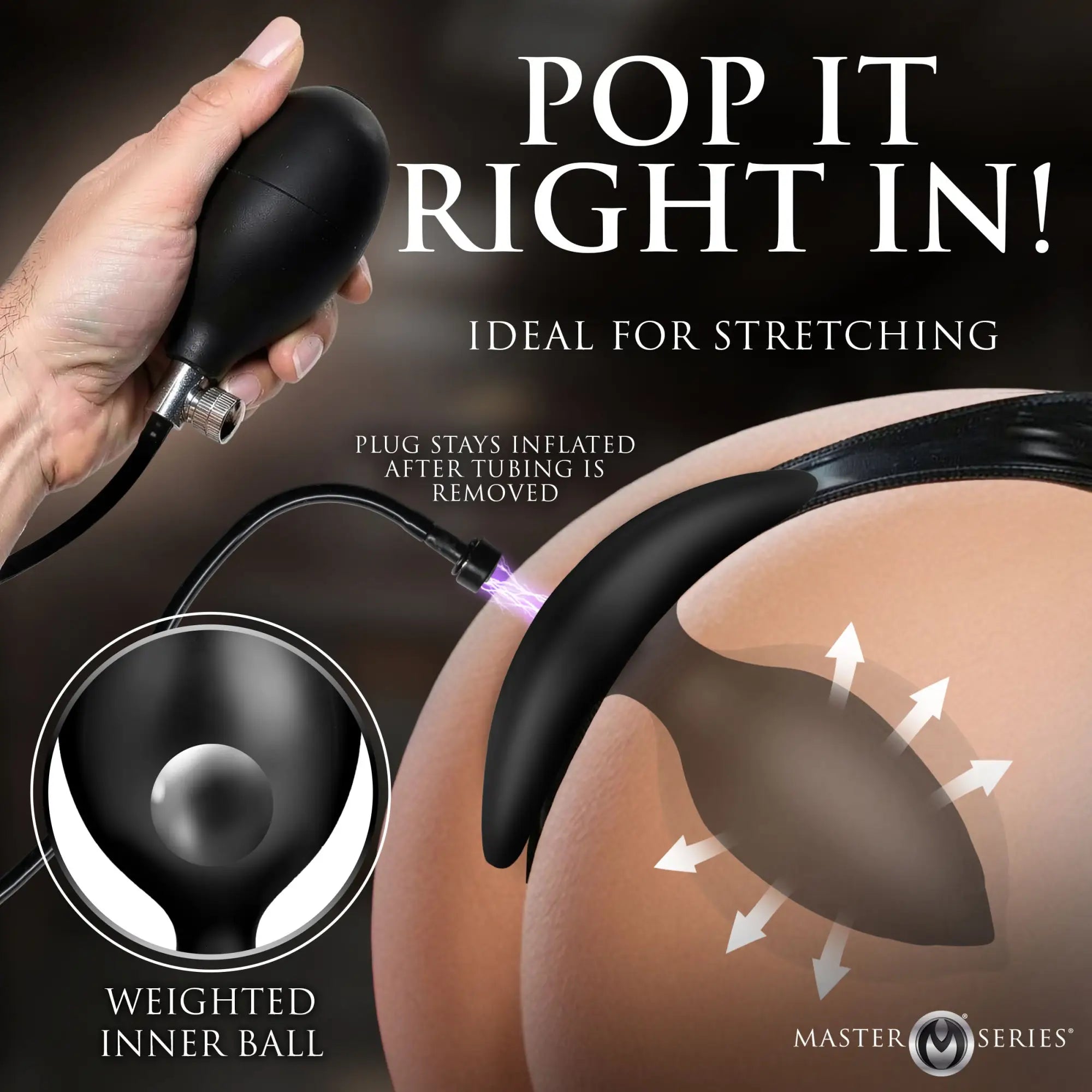 Master Series black magnetic inflatable anal plug, shown with hand pump, detail inset, and stretching arrows.