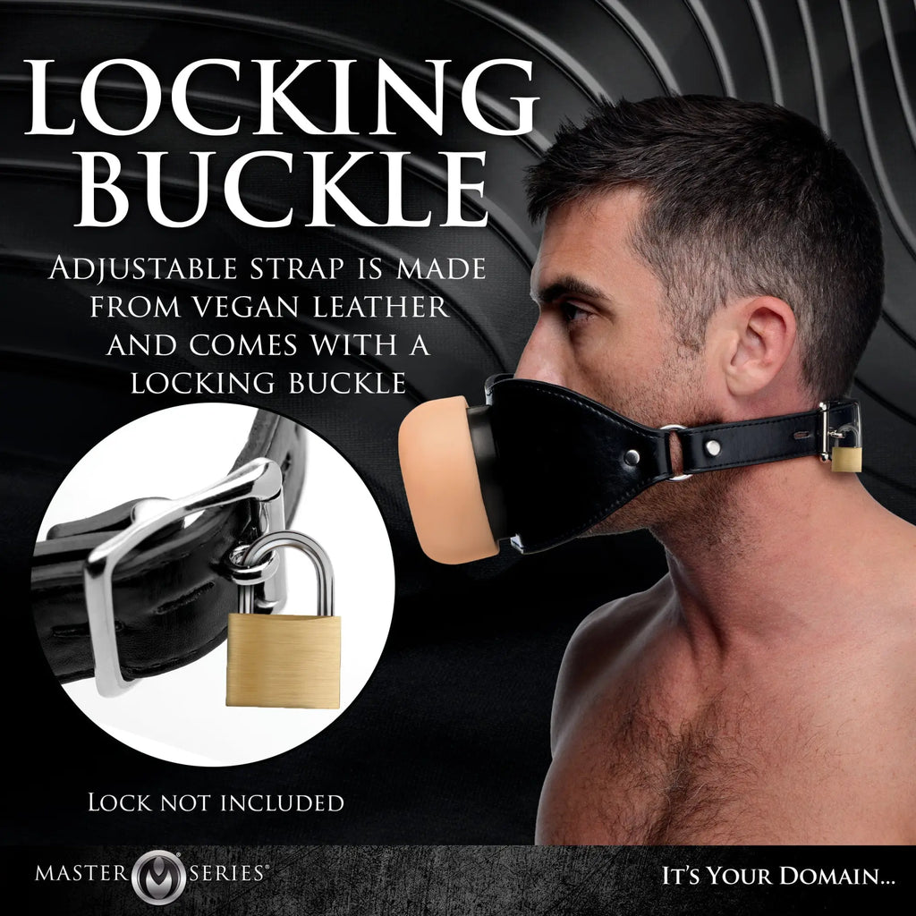 Master Series Ass Face oral sex mouth gag: A man wearing a black vegan leather strap with a beige silicone gag.