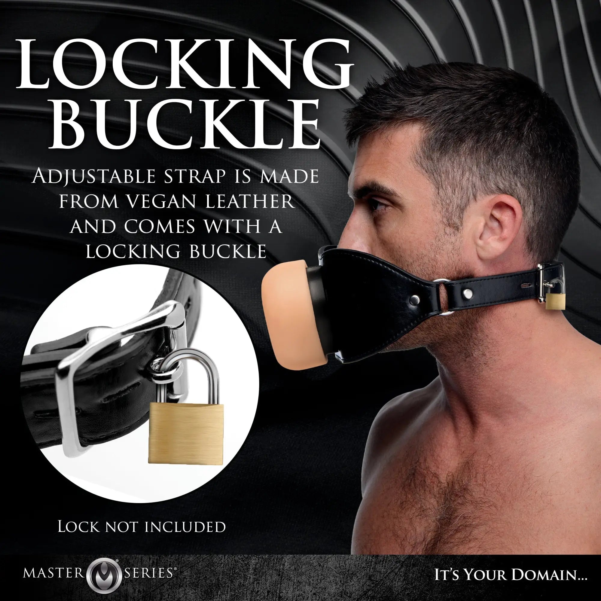 Master Series Ass Face oral sex mouth gag: A man wearing a black vegan leather strap with a beige silicone gag.