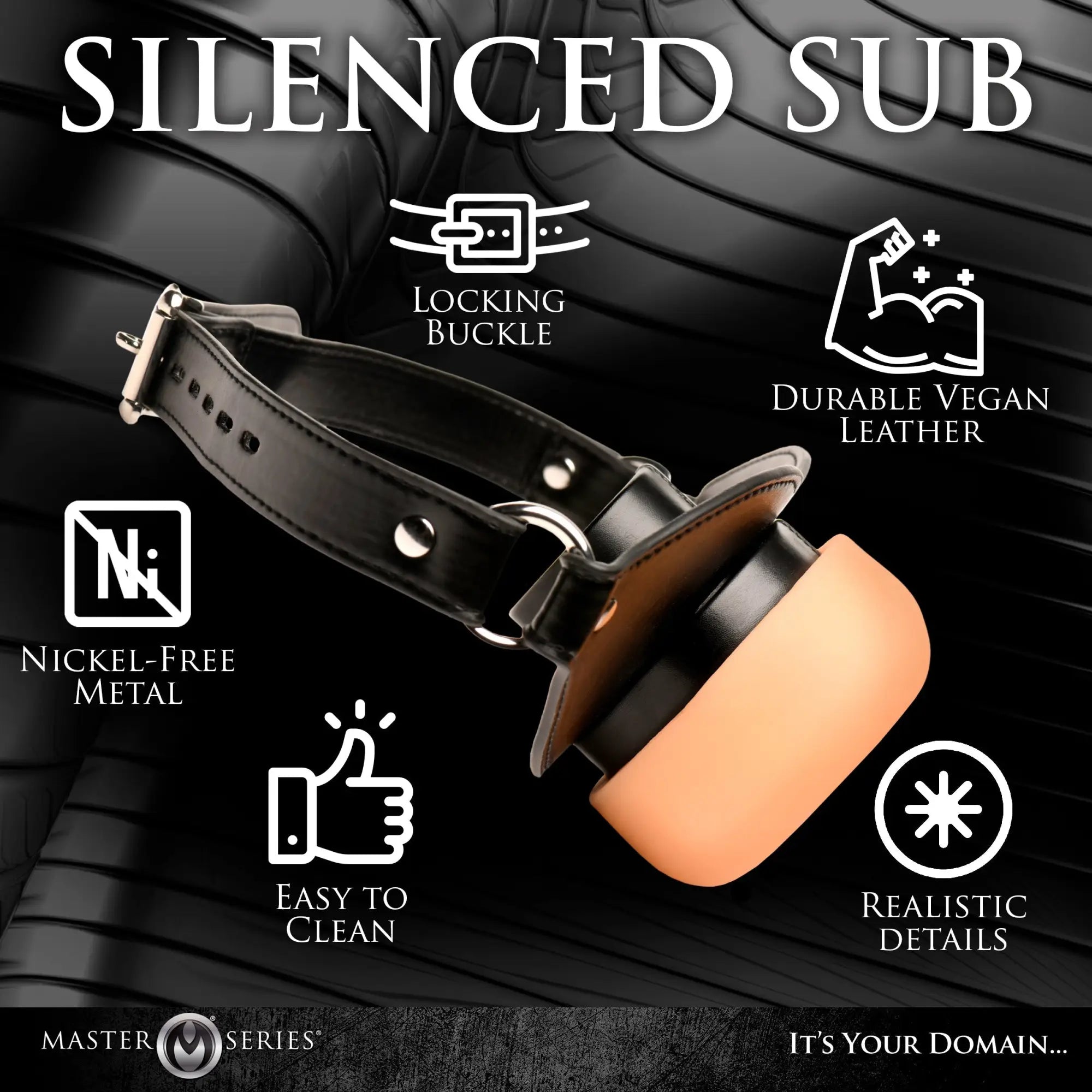 Master Series Ass Face oral gag with a black vegan leather strap, nickel-free hardware, and a realistic skin-tone plug.