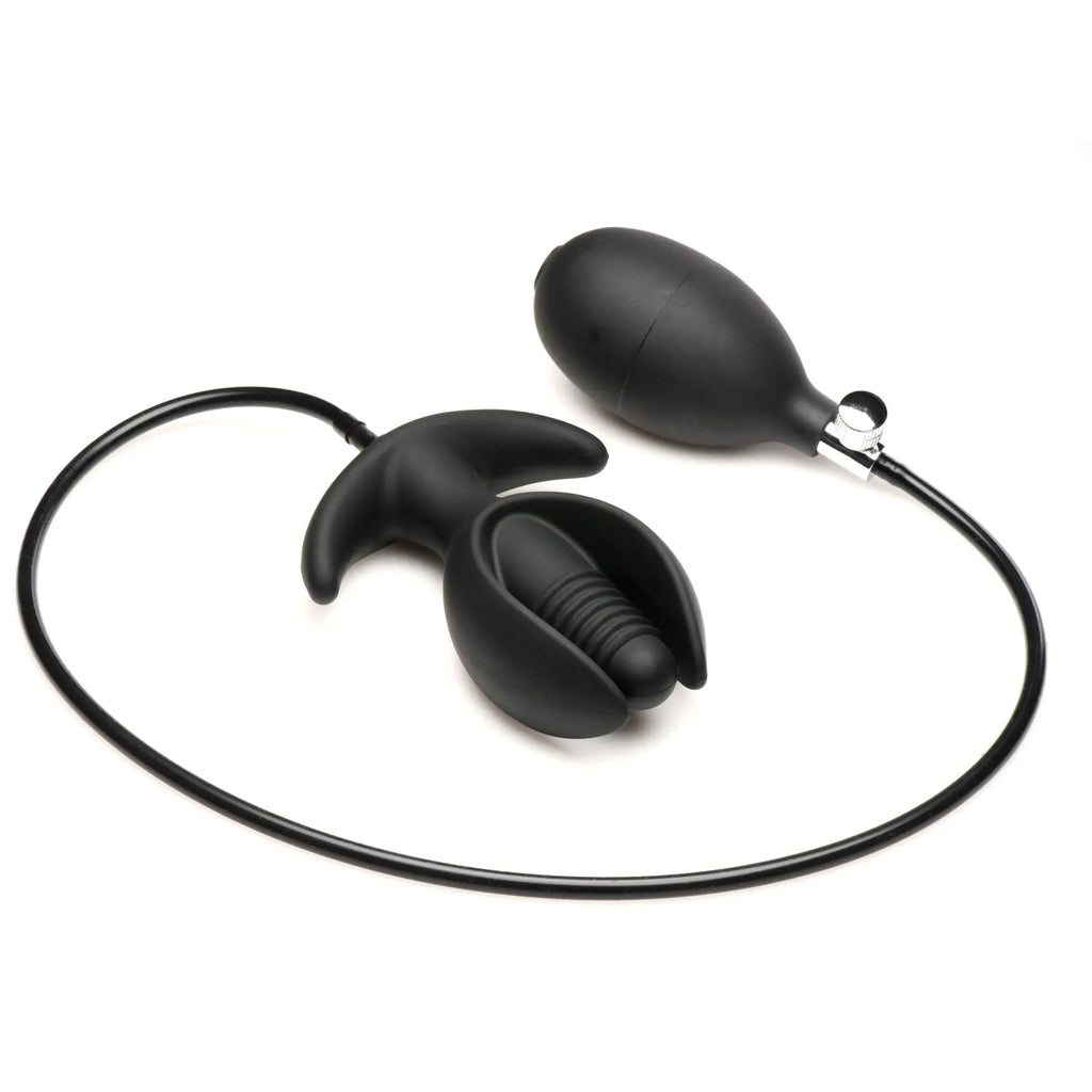 Black Master Series Ass Lock inflatable anchor anal plug with a hand pump and tubing on a white background.