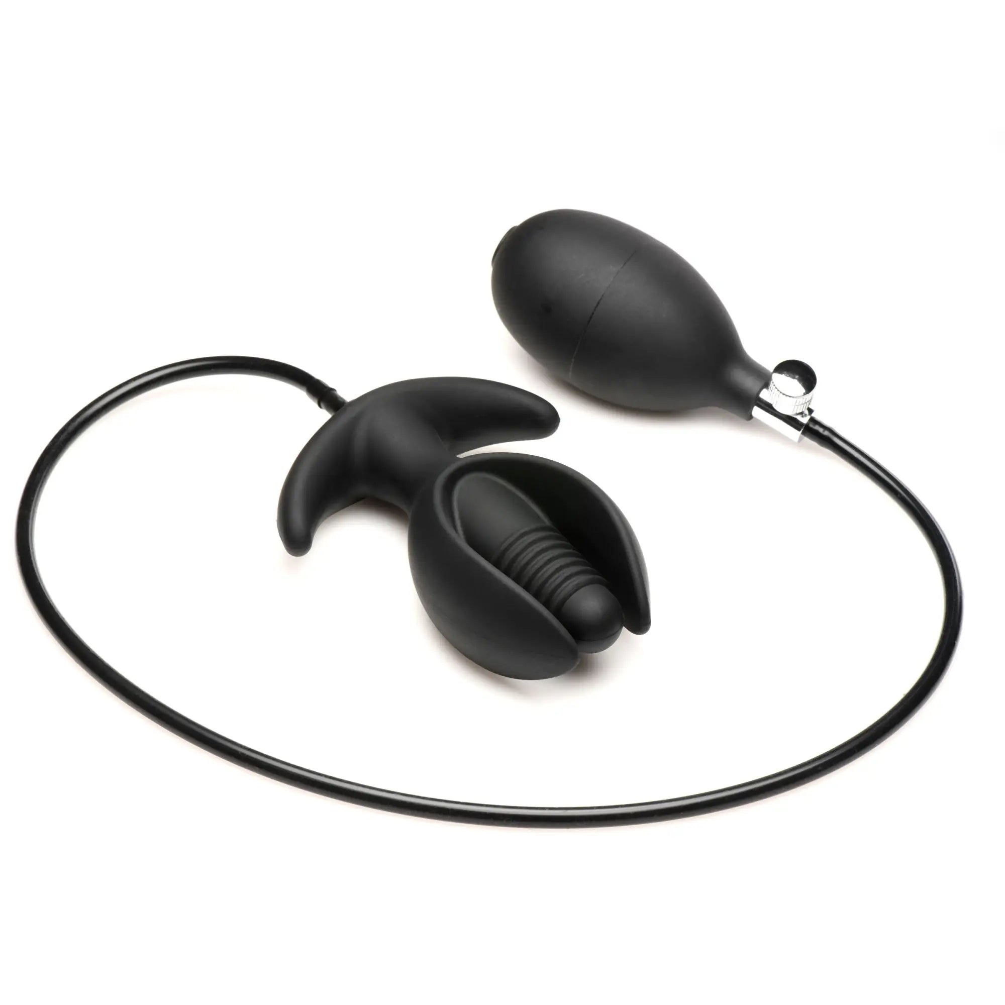 Black Master Series Ass Lock inflatable anchor anal plug with a hand pump and tubing on a white background.