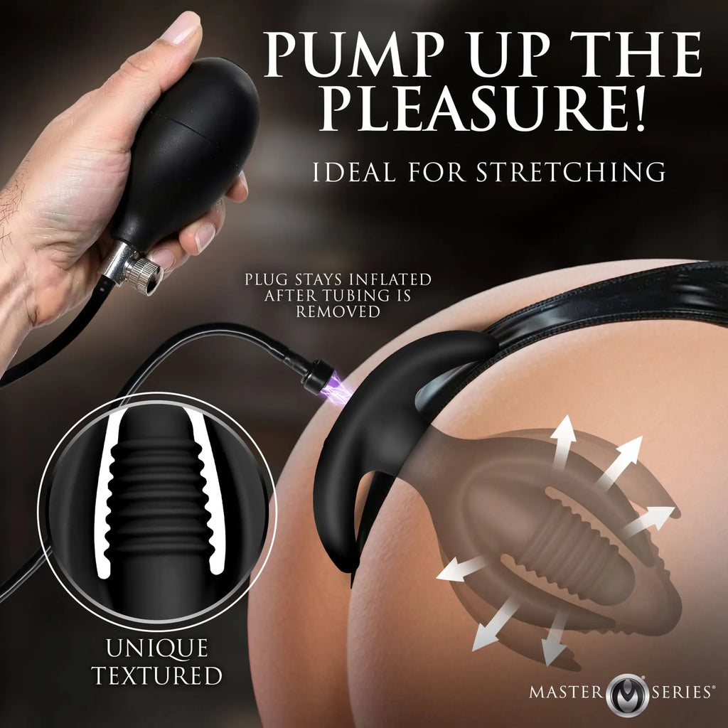 Master Series Ass Lock black magnetic inflatable anchor anal plug with manual pump and textured design.