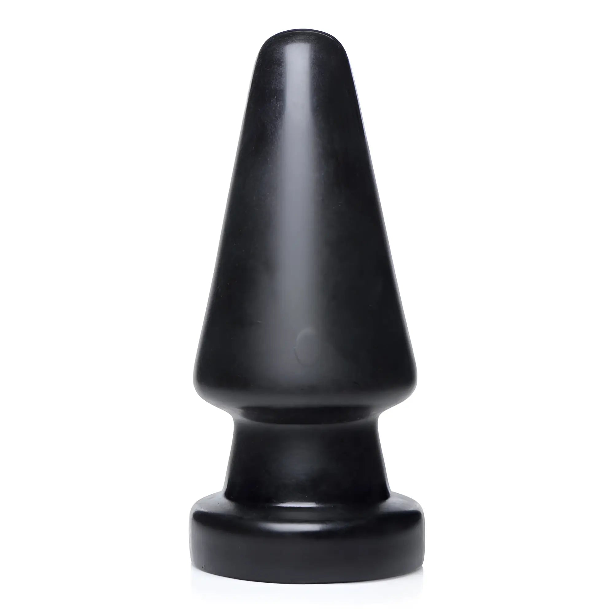 Master Series Ass Max large anal plug: A smooth, matte black, cone-shaped plug with a flared base on a white background.