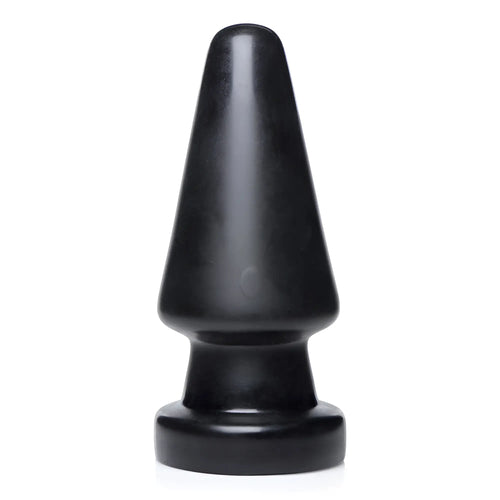 Master Series Ass Max large anal plug: A smooth, matte black, cone-shaped plug with a flared base on a white background.