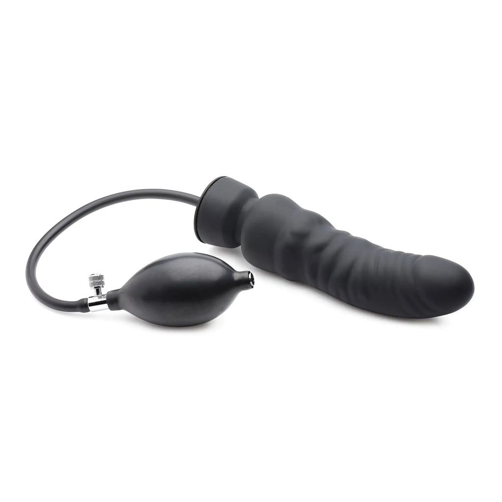 Master Series Ass-Pand: A matte black, textured inflatable silicone dildo attached to a manual inflation pump.