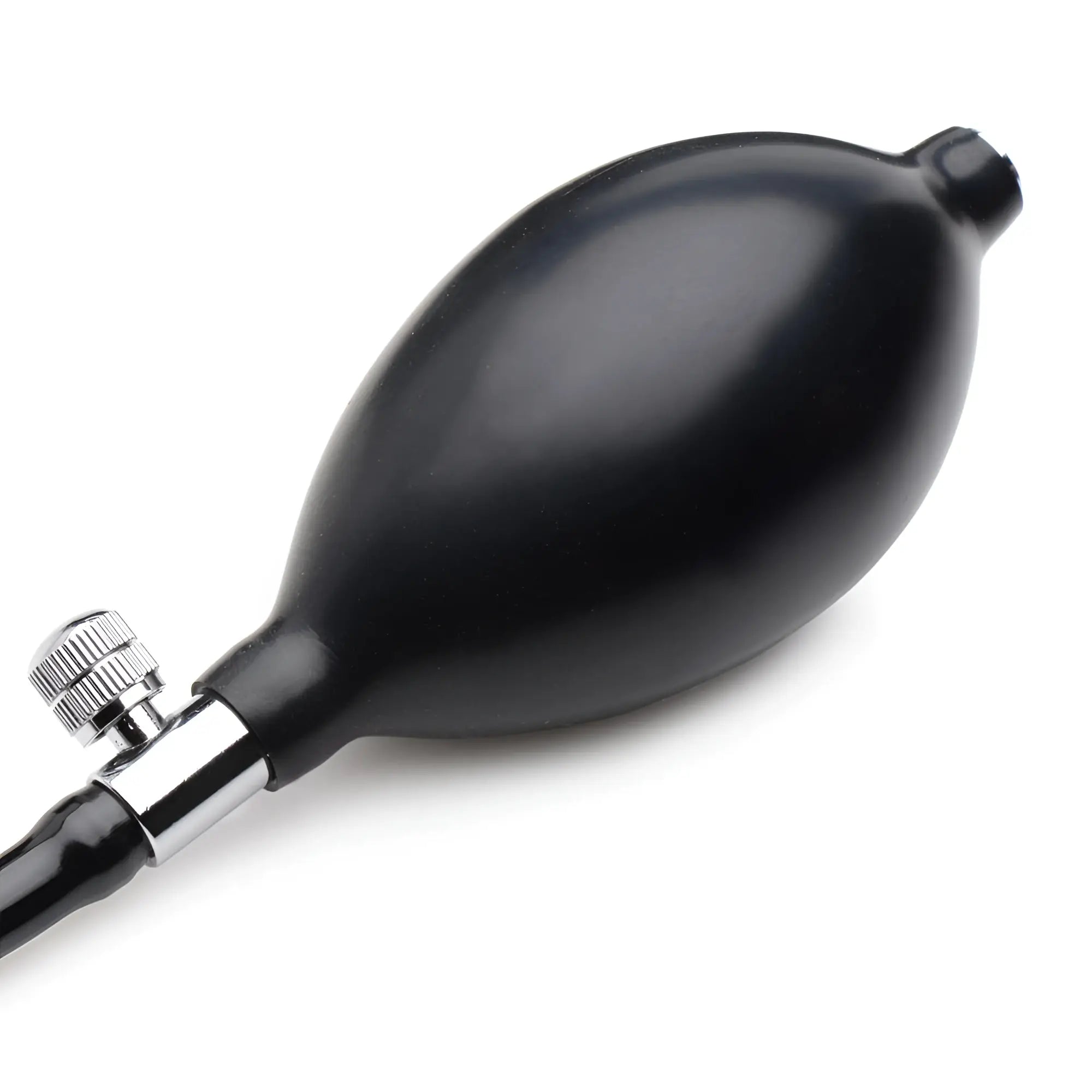 Black Master Series inflatable dildo pump with a silver metal release valve against a white background.
