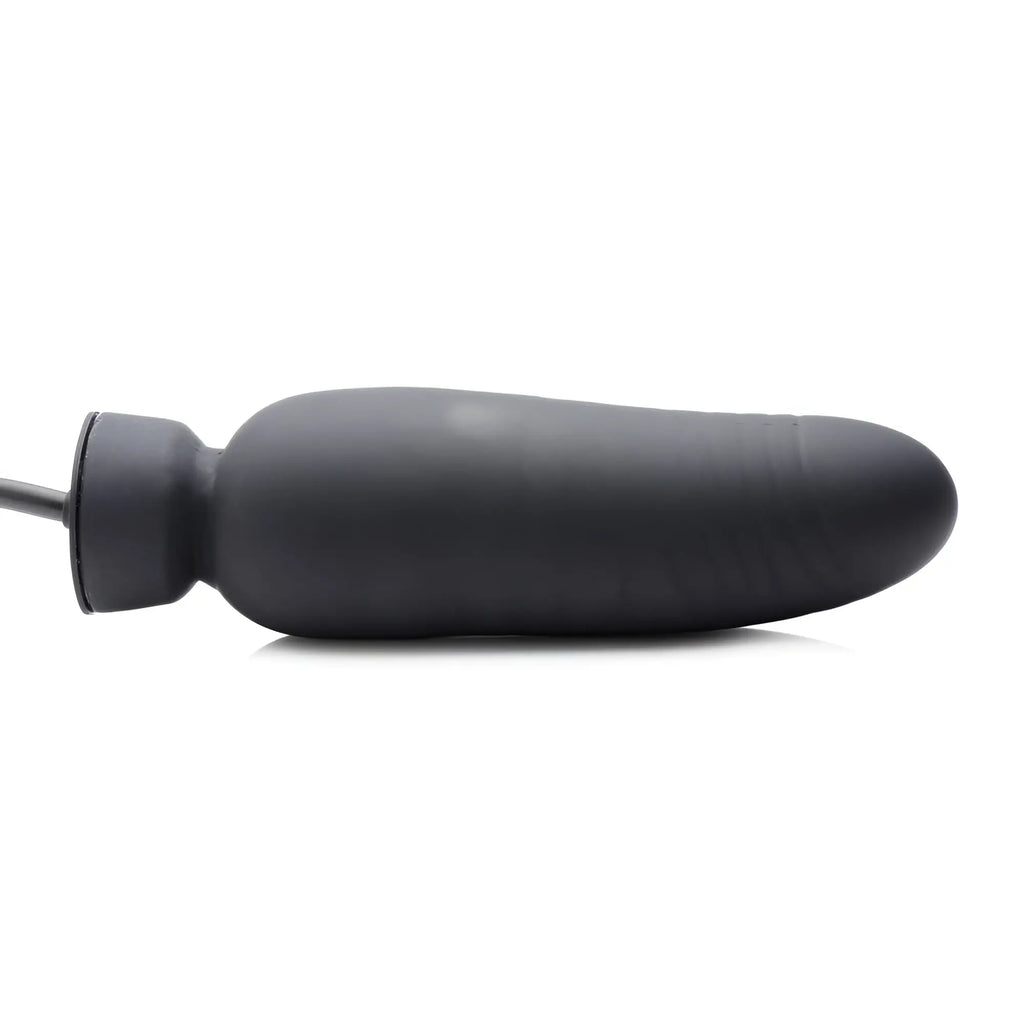 Master Series Ass-Pand inflatable silicone dildo in black with a tapered shape, rounded tip, and inflation nozzle.