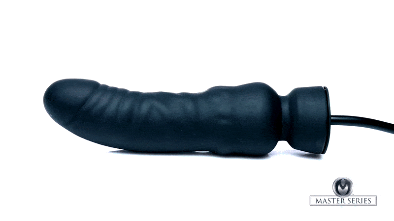 Master Series Ass-Pand: A textured, black inflatable silicone dildo with a connector hose, isolated on white.