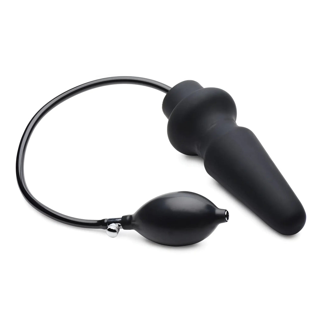 Master Series Ass-Pand inflatable silicone anal plug in matte black with an inflation bulb and air release valve.