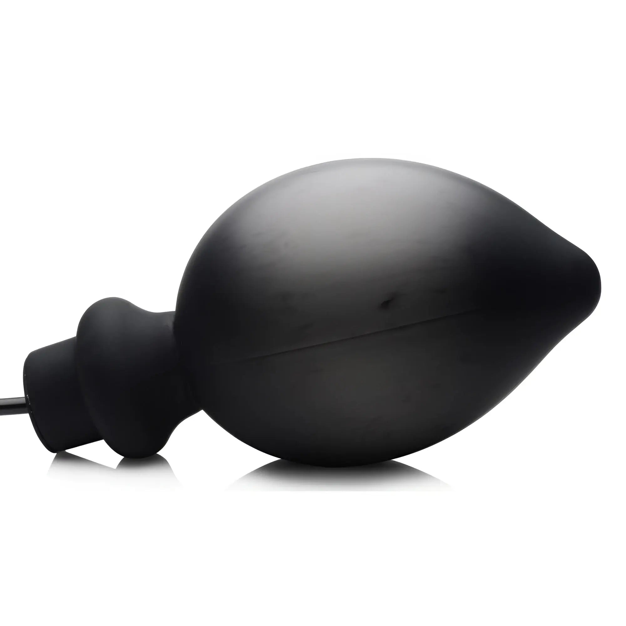 Master Series Ass-Pand: Large, smooth black silicone inflatable anal plug with a tapered bulb and ridged base.