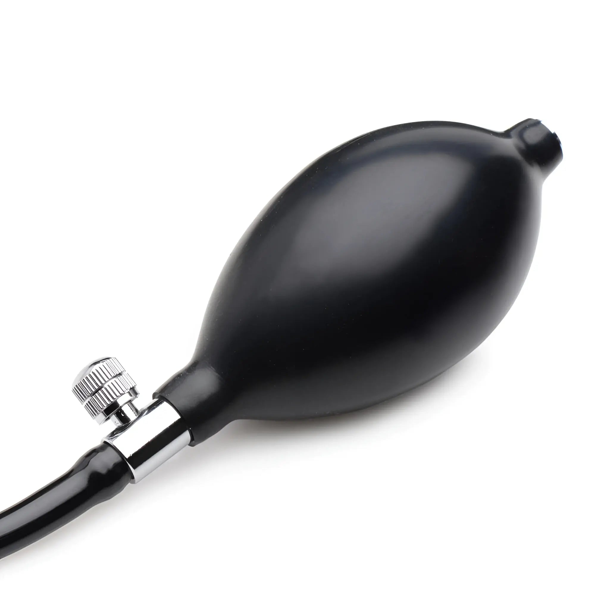 Master Series Ass-Pand inflatable black silicone anal plug with a silver metal inflation valve and black tubing.