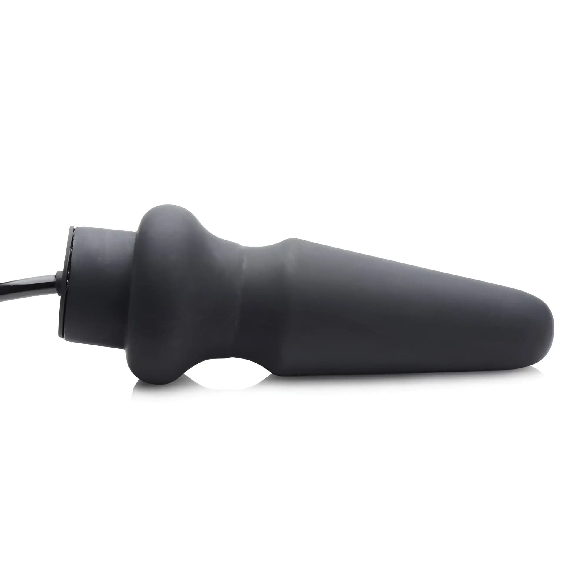 Master Series Ass-Pand large black silicone anal plug with a tapered shape and inflation valve on a white background.