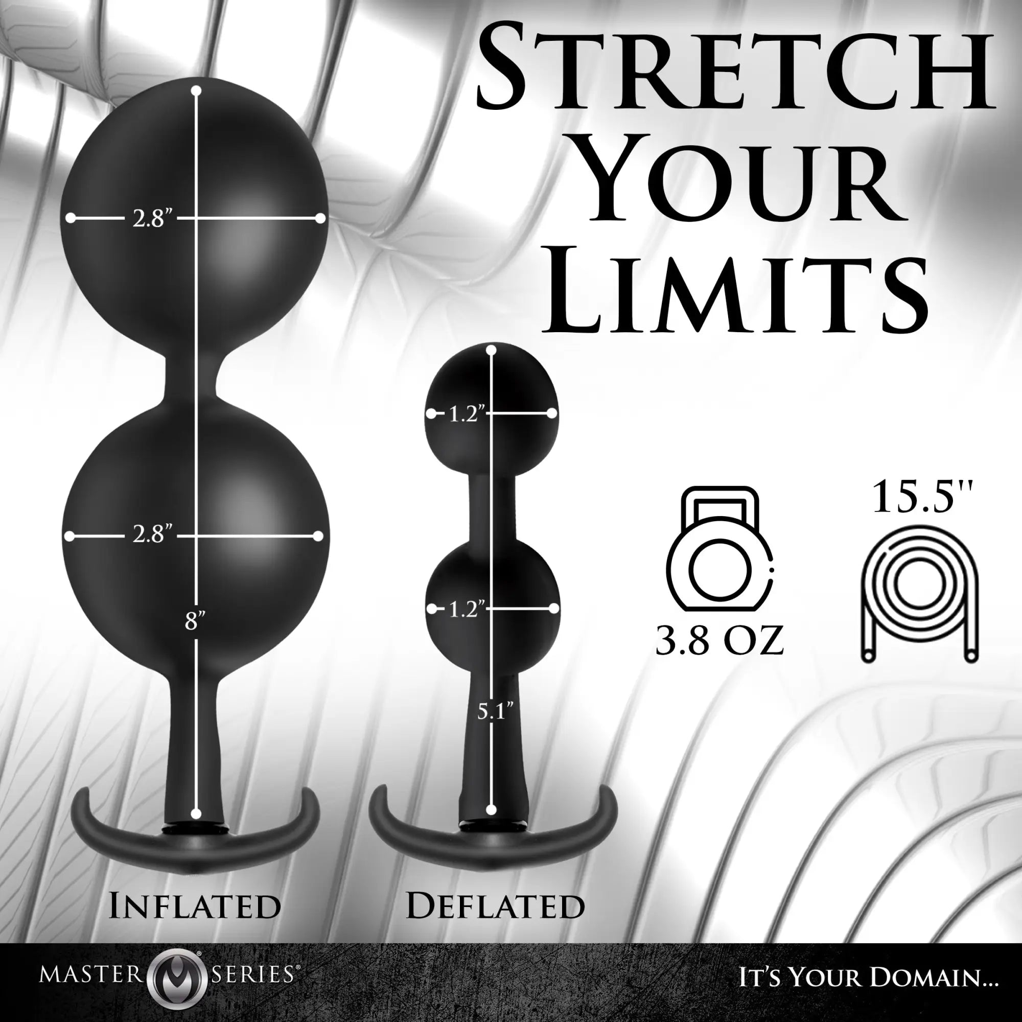 Master Series Ass Rattler black silicone anal plug shown in inflated and deflated states with size and weight specs.