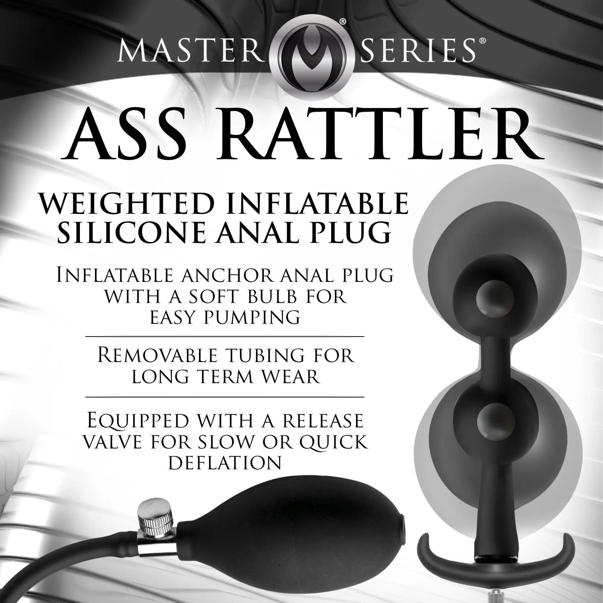 Master Series Ass Rattler: A black, weighted, inflatable silicone anal plug with a hand pump and release valve.