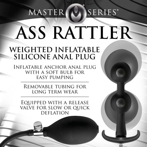 Master Series Ass Rattler: A black, weighted, inflatable silicone anal plug with a hand pump and release valve.