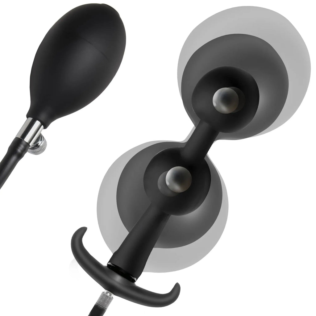 Master Series Ass Rattler: black silicone inflatable anal plug with pump and weighted rattling inner spheres.