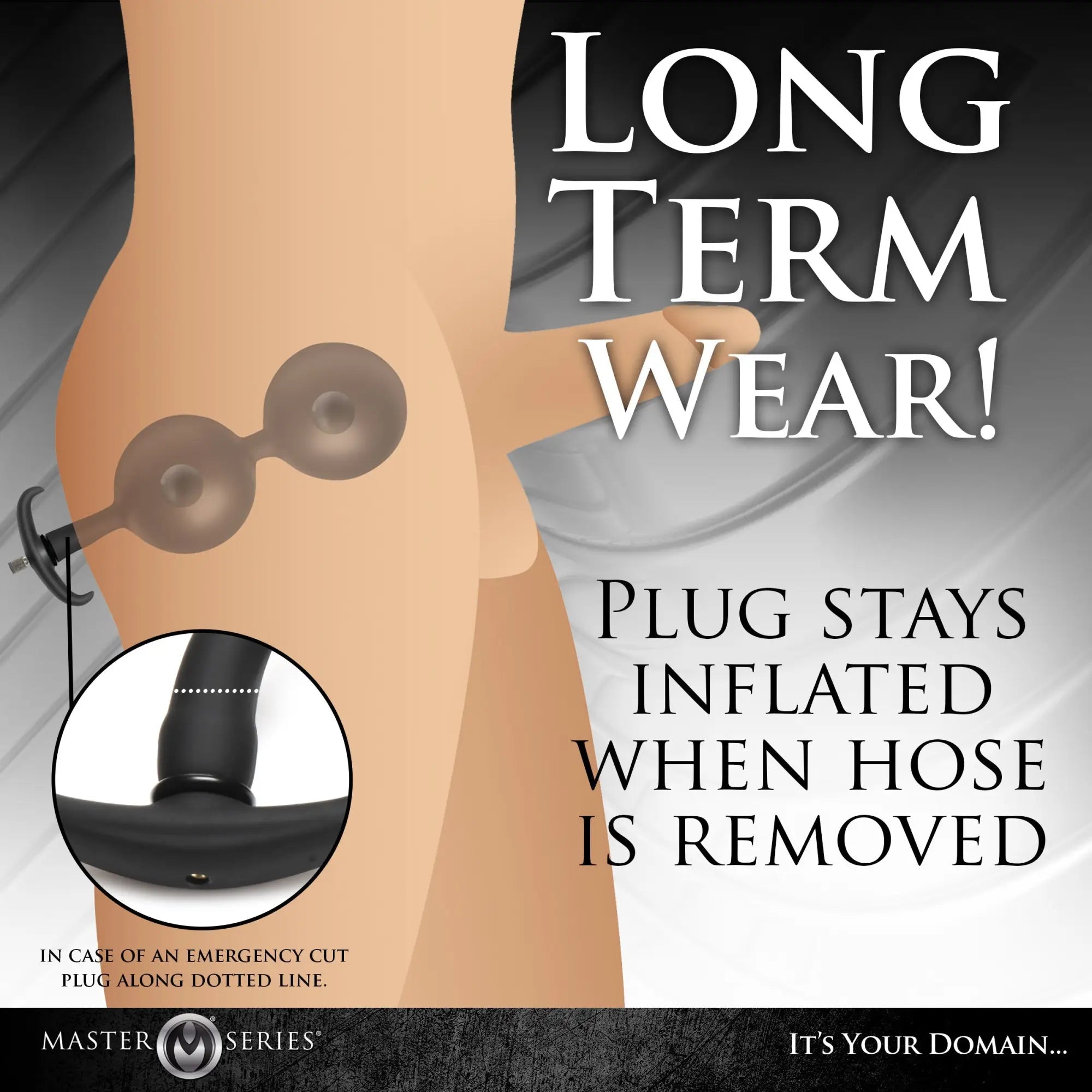 Master Series Ass Rattler: A grey, weighted, silicone inflatable anal plug shown in a diagram on a human torso.
