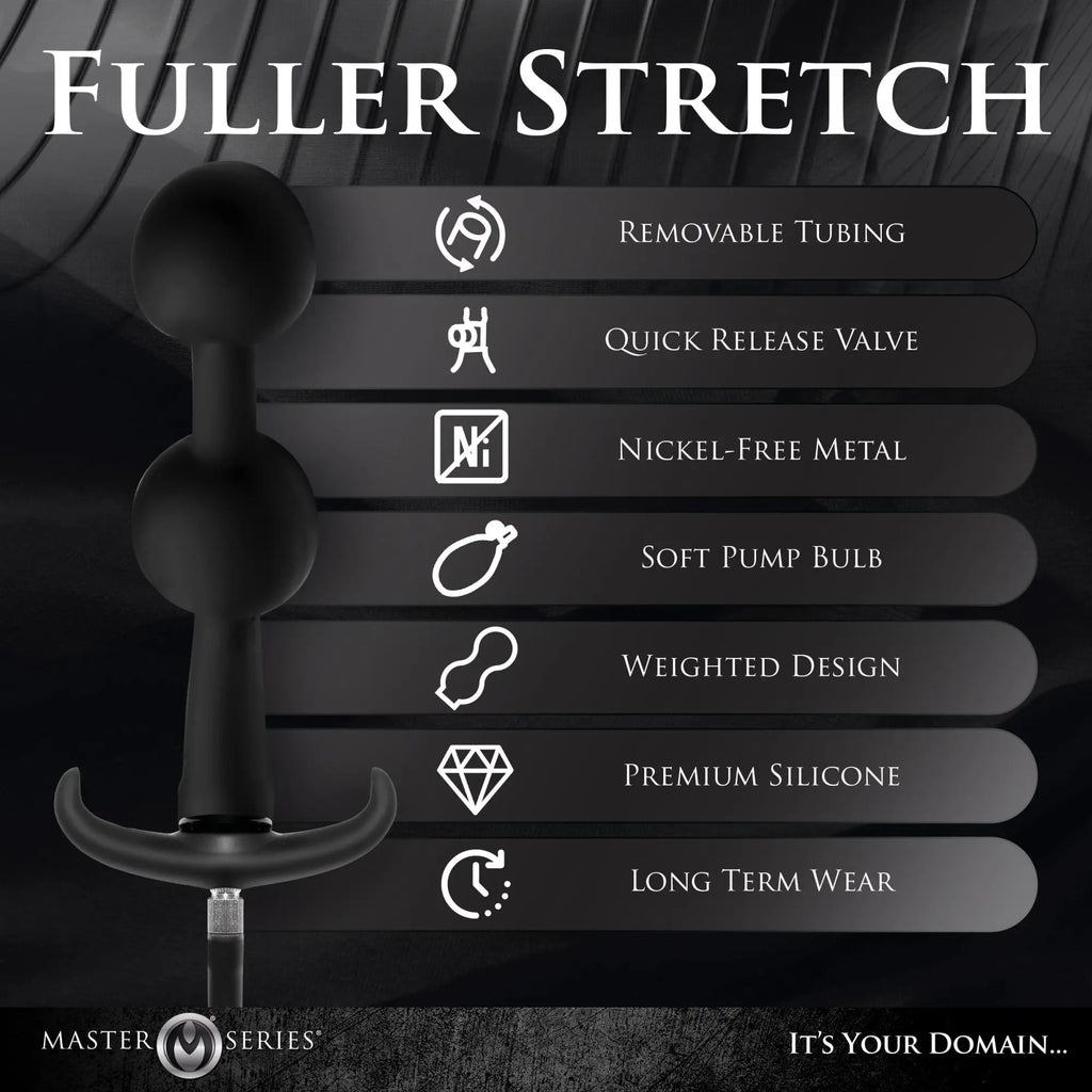 Master Series Ass Rattler black silicone inflatable anal plug with a weighted design, flared base, and feature list.