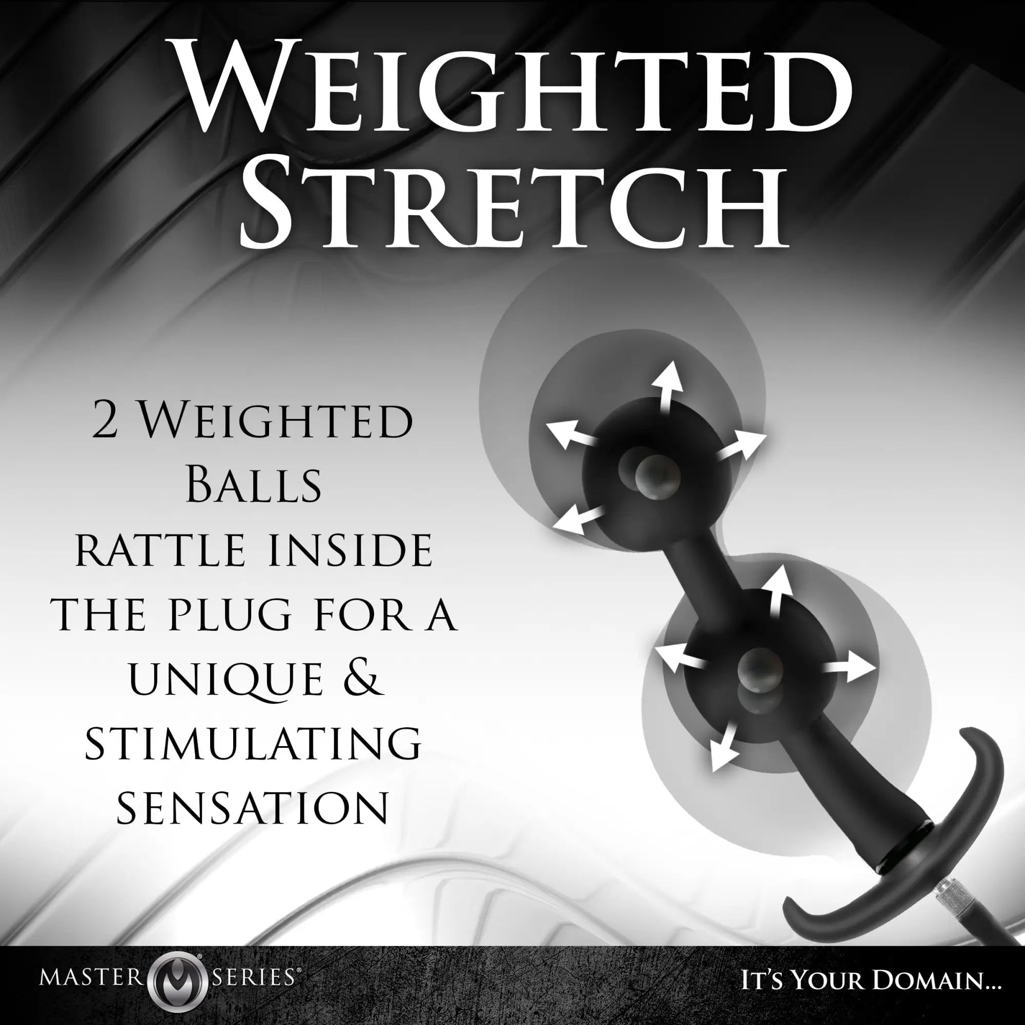 Master Series Ass Rattler: A black, inflatable silicone anal plug with internal weighted balls and directional arrows.