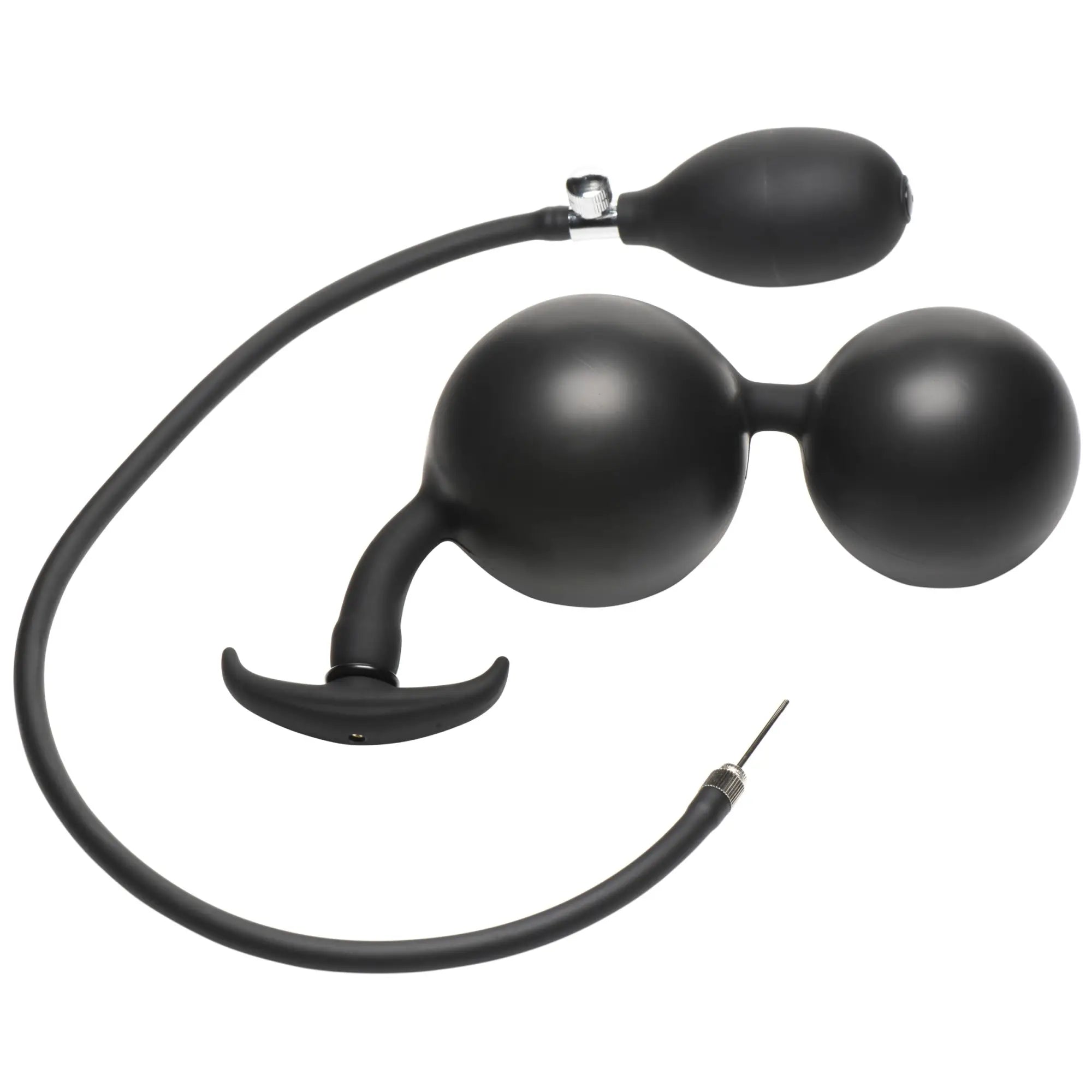 Black Master Series Ass Rattler inflatable silicone dual-ball anal plug with pump and tube, on a white background.
