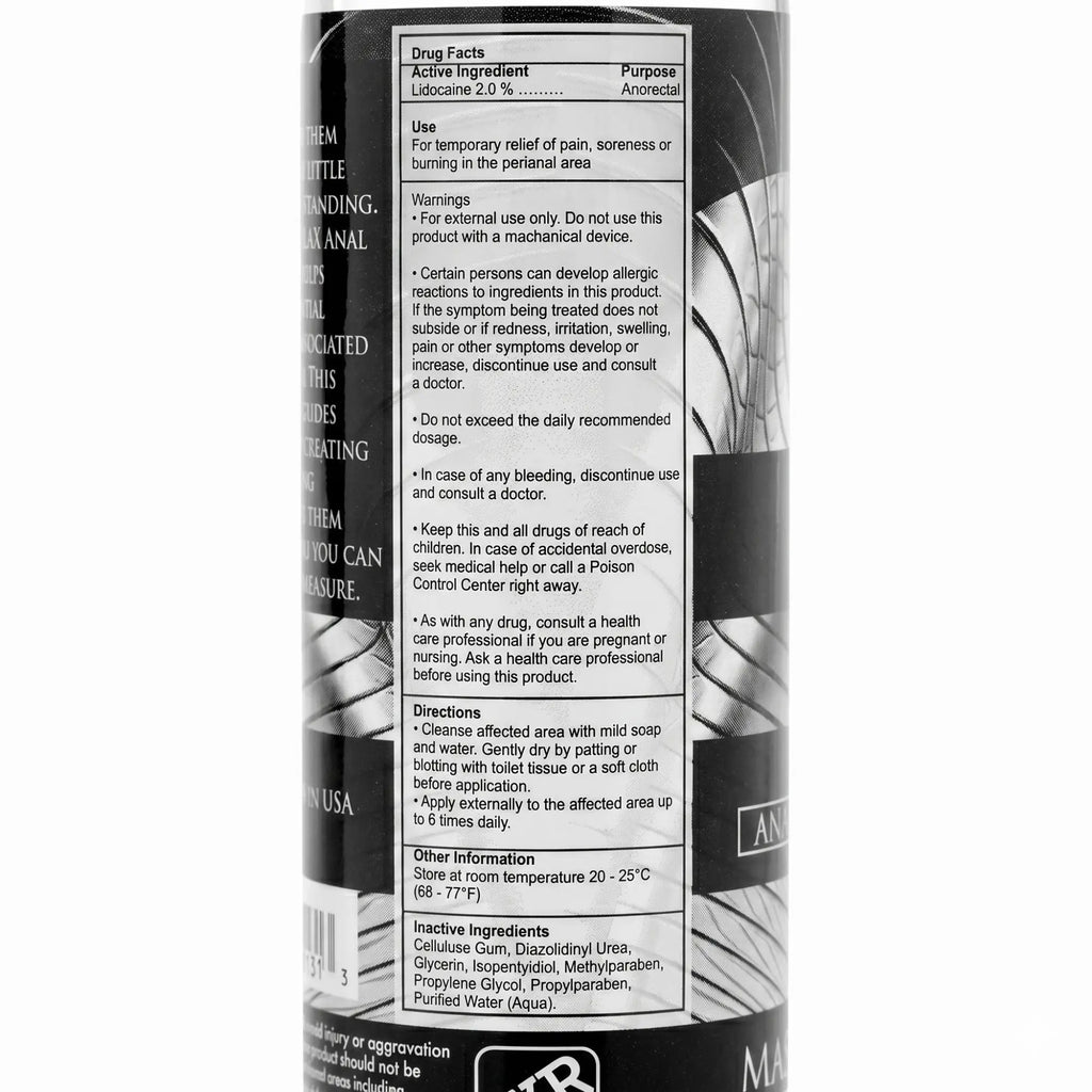 Close-up of the back label on a black and silver Master Series Ass Relax Desensitizing Lubricant bottle.