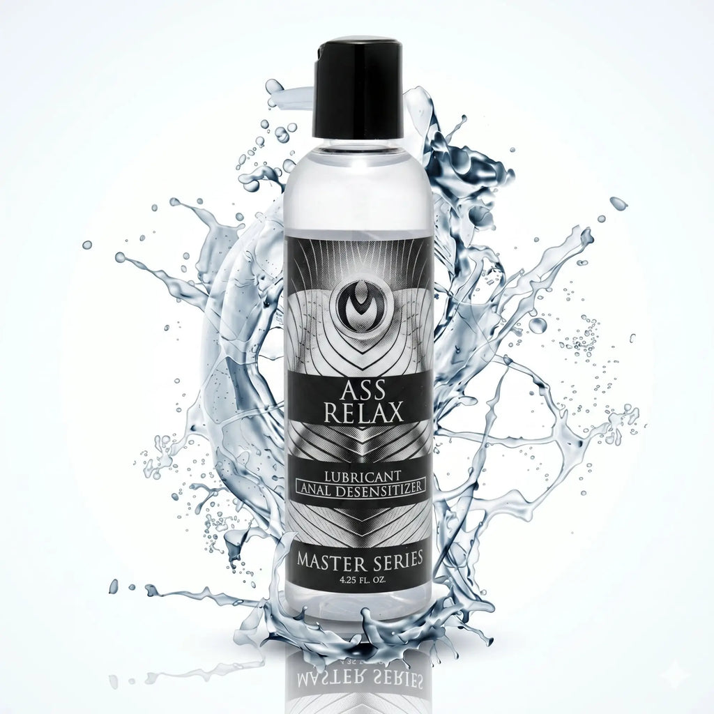 Master Series Ass Relax lubricant bottle with black label and metallic detail, centered against a water splash background.