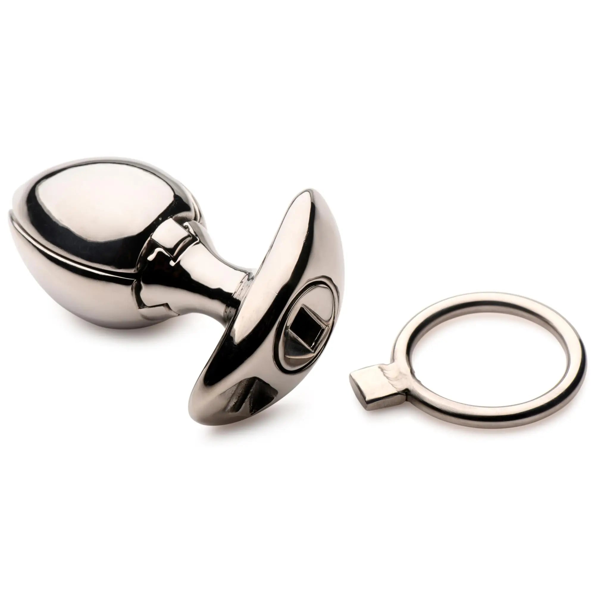 Master Series Ass Vault locking metal anal expander plug with key on a white background.