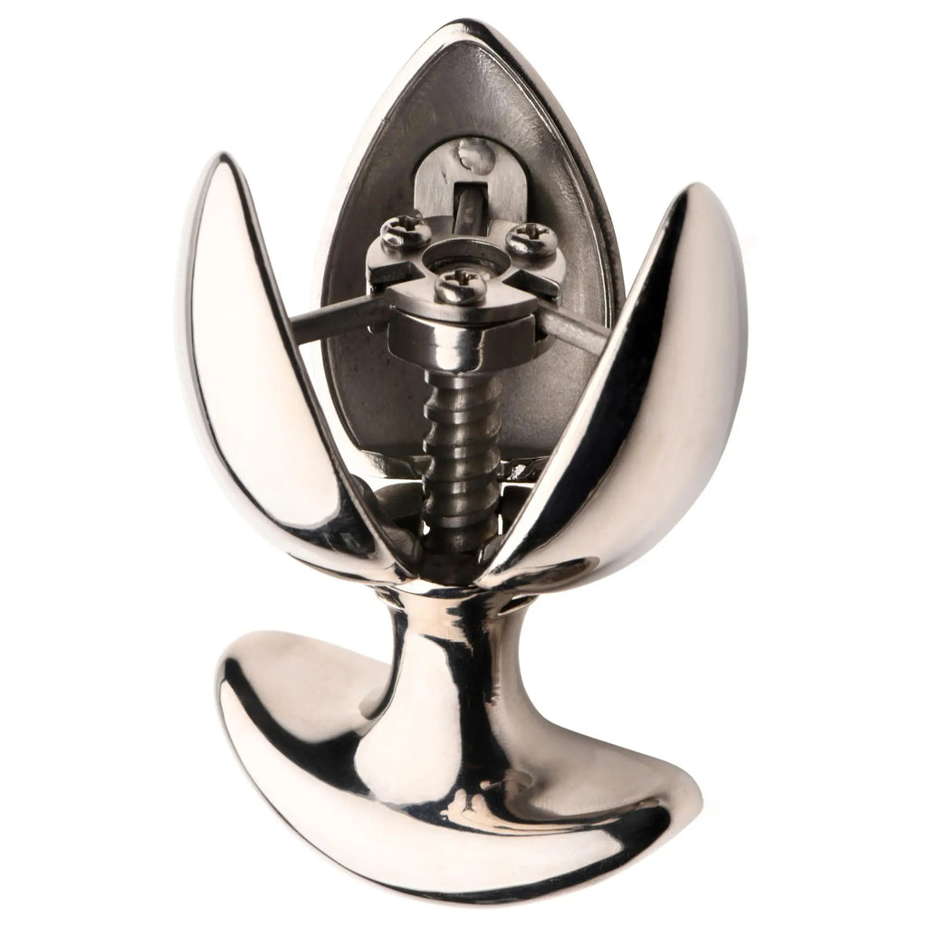 Master Series Ass Vault locking expander, a polished chrome metal dilator with an adjustable, multi-petal design.