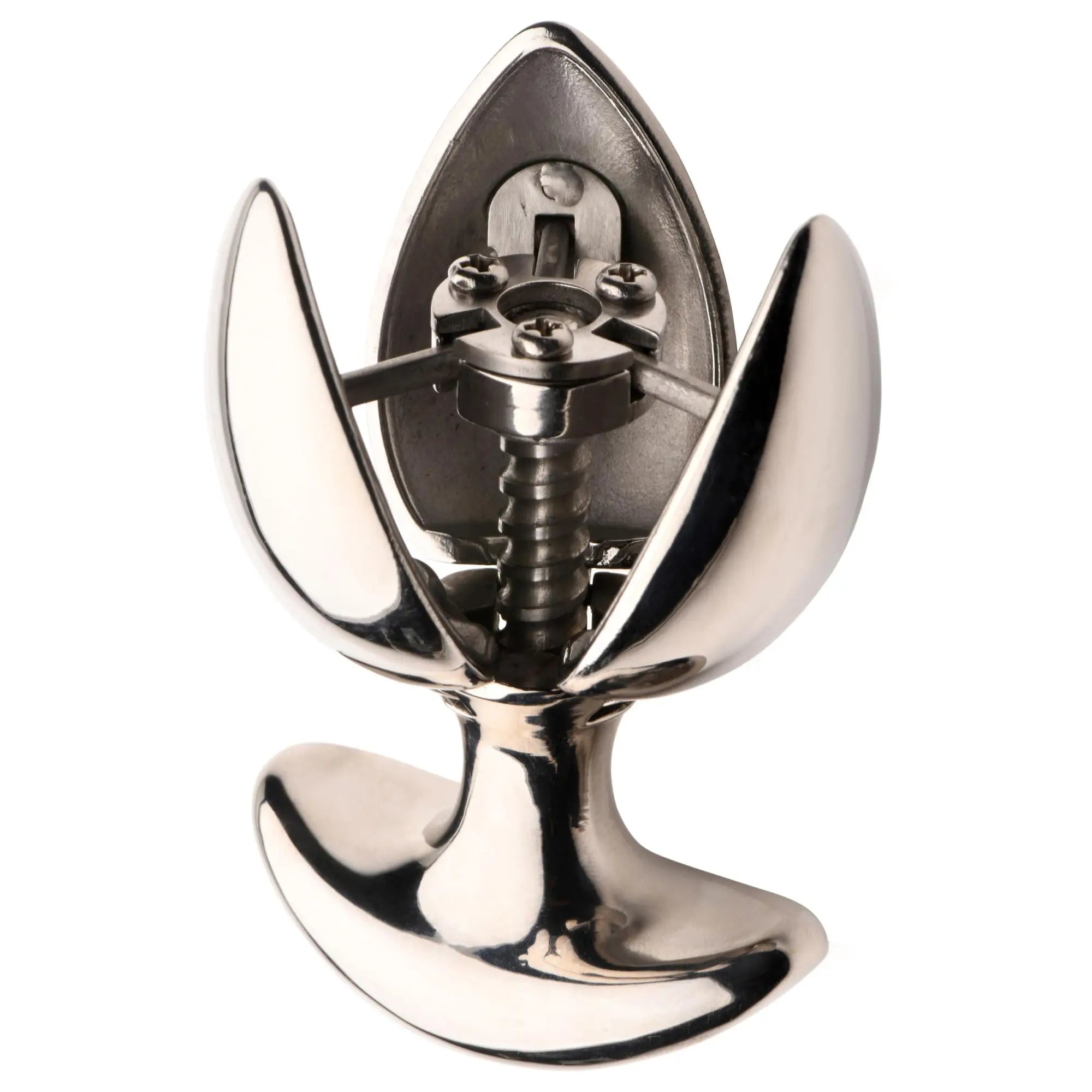 Master Series Ass Vault locking expander, a polished chrome metal dilator with an adjustable, multi-petal design.