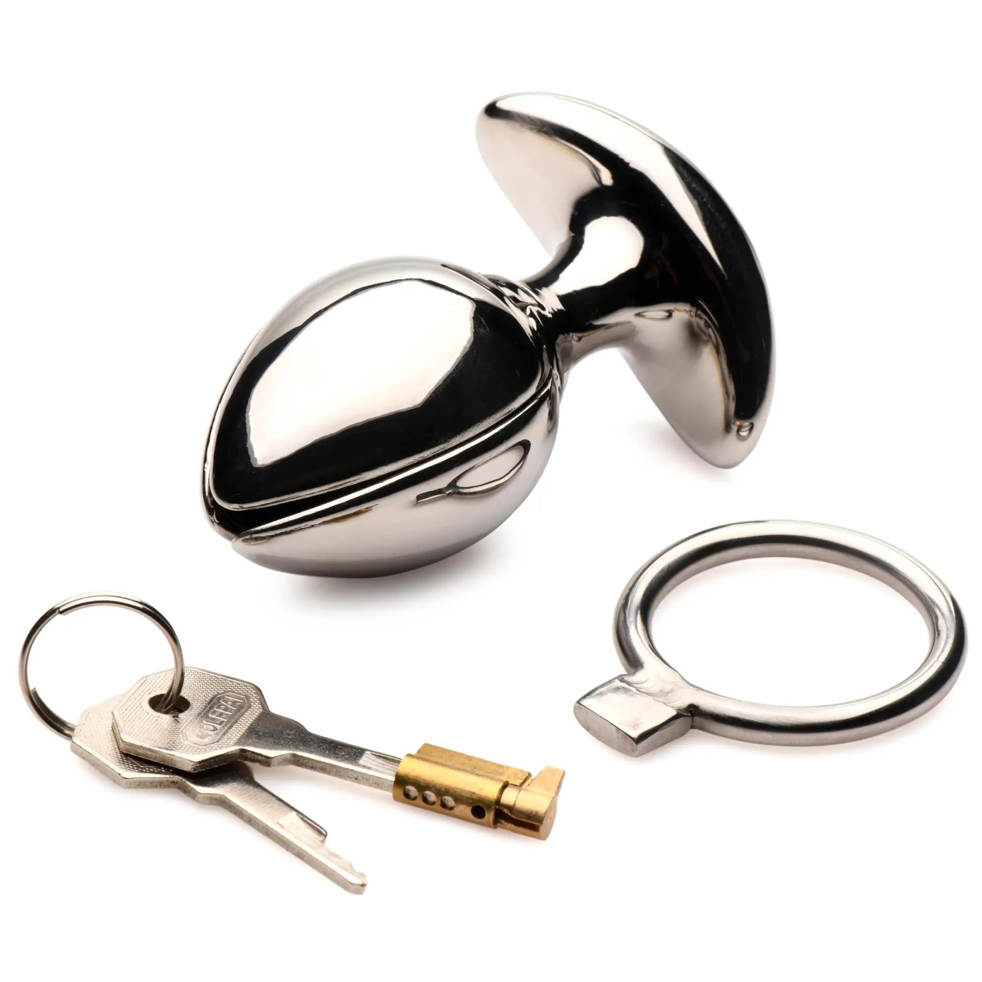 Master Series Ass Vault locking metal plug, with silver finish, key, and separate metal ring on a white background.