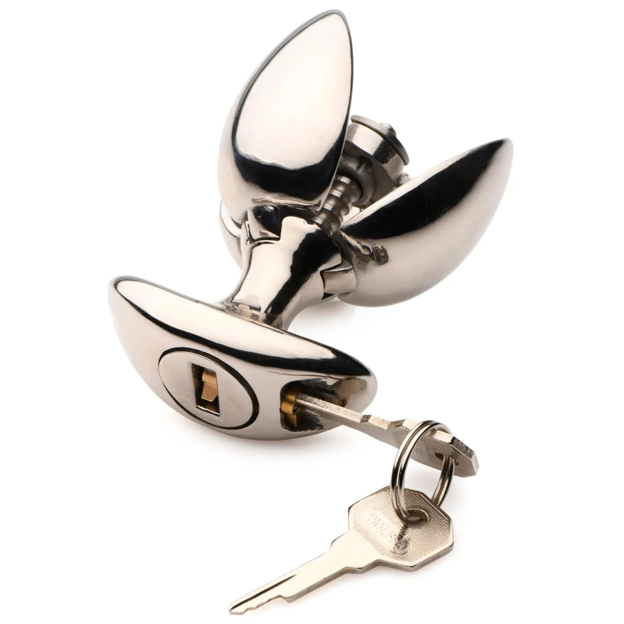 Master Series Ass Vault: A silver-toned, stainless steel locking expander with a key inserted in the base.