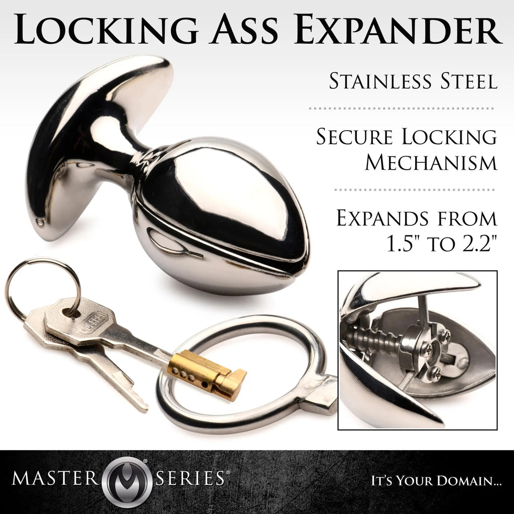 Master Series Ass Vault Locking Expander in polished stainless steel, featuring an internal expansion mechanism and keys.