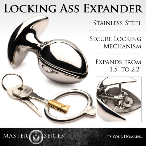Master Series Ass Vault Locking Expander in polished stainless steel, featuring an internal expansion mechanism and keys.