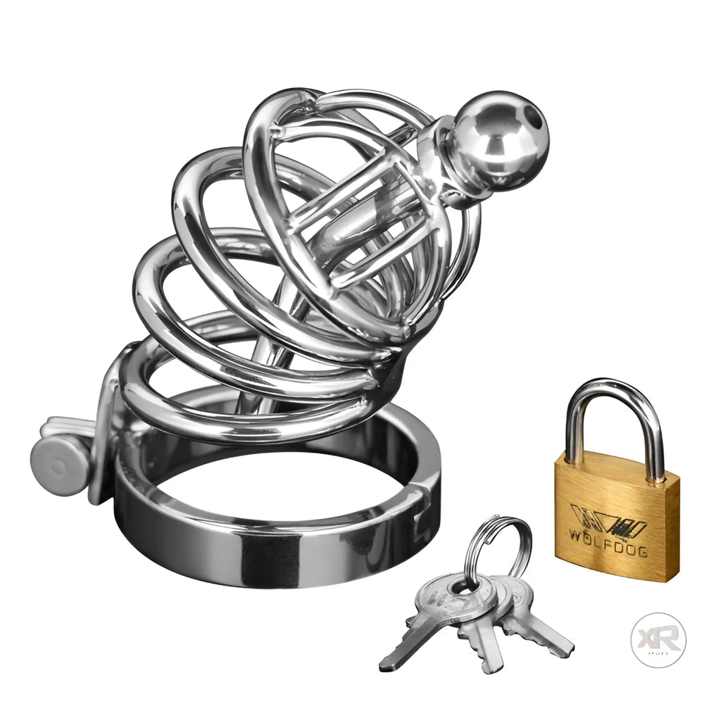 Master Series Asylum Urethral Chastity Cage: a silver-toned metal spiral cage with base ring, brass padlock, and keys.